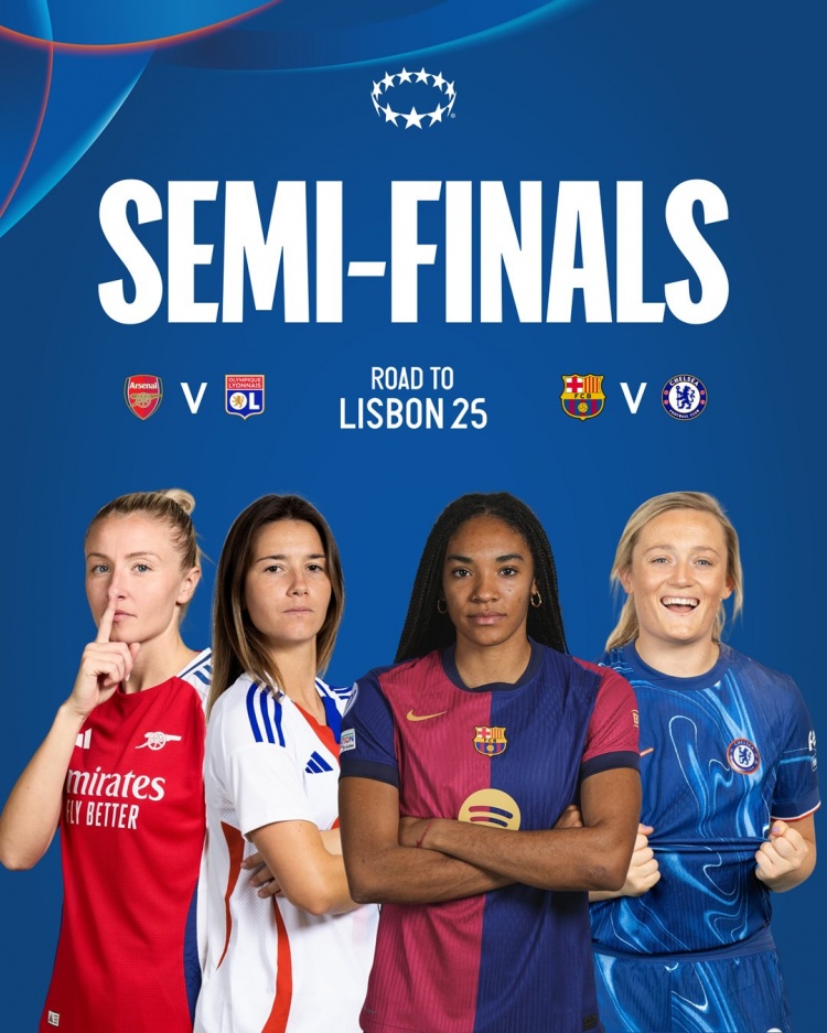 女足歐冠半決賽對陣：阿森納vs里昂，巴薩vs切爾西