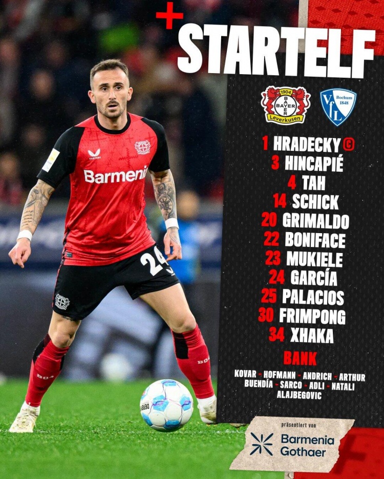 勒沃庫森vs波鴻首發(fā)：希克、扎卡先發(fā) 博尼法斯、弗林蓬出戰(zhàn)