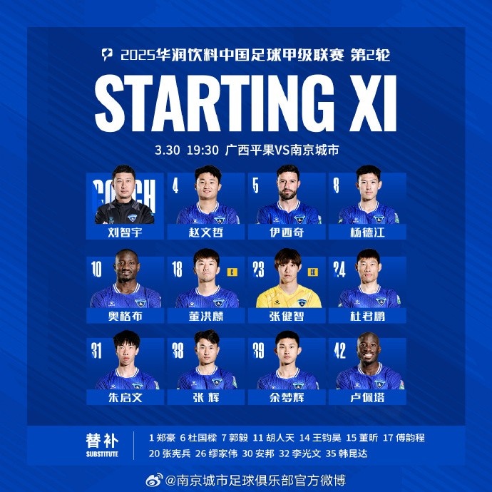 南京城市2025賽季客場首戰首發陣容！