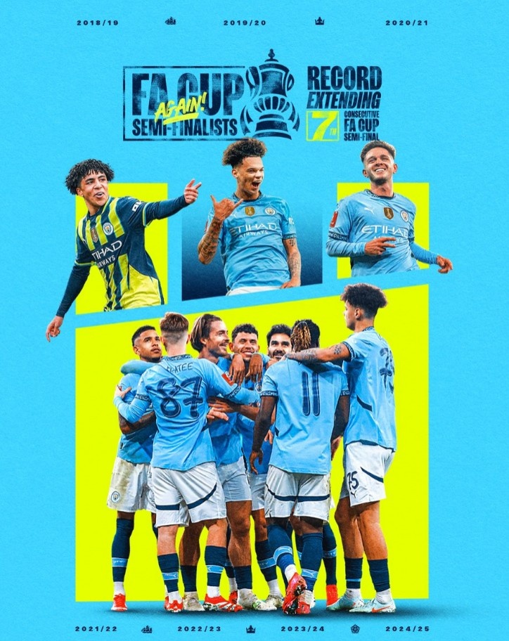 曼城連續7年晉級足總杯半決賽，創賽事歷史紀錄